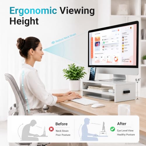 White 16.5 Inch Wooden Monitor Stand Riser for Desk, 2-Tier Organizer