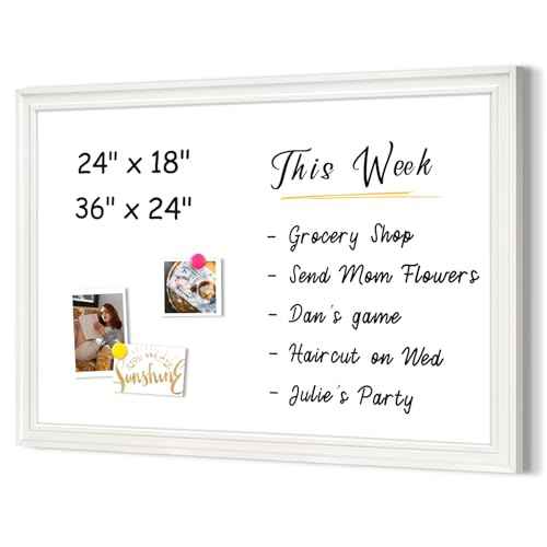 4 THOUGHT Dry Erase Board, 24 x 18 in Magnetic Whiteboard Wood Frame Wall-Mounted White Board Decorative Planner Notice Board for School, Office, Home, 8 Magnets 4 Markers 1 Eraser, White