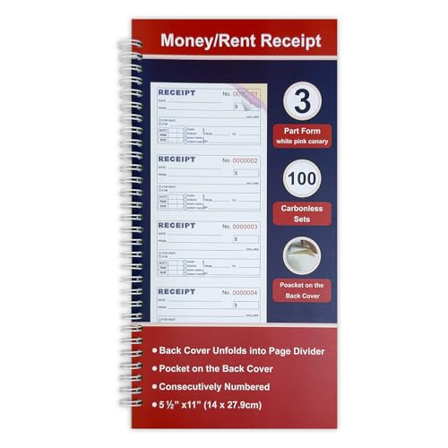 IWIZPRINT 3-Part Carbonless Money & Rent Receipt Book, 5-1/2 x 11, Spiral, 100 Sets