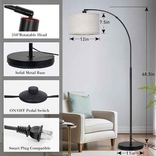 Black Arc Floor Lamps for Living Room,Modern Standing Lamp with Adjustable Drum Lampshade Tall Pole Lamp with Foot Switch Over Couch Arched Floor Light for Reading Bedroom 8W LED Bulb Included