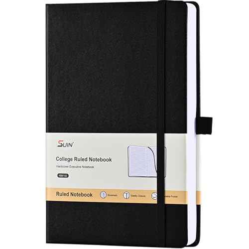 SUIN Lined Journal Notebook, Leather Hardcover Journal for Work, School, Travel, 100 GSM Paper, 160 Pages, 5.5x8.3 Inch, College Ruled, Black, 1-Pack