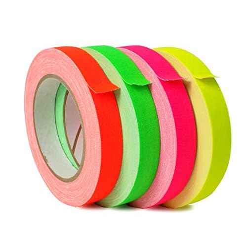 WOD GTMC12F Fluorescent Multi-Color Rainbow Gaffer Tape, 1 inch x 25 yds. (4-Rolls) Gym School Pack Floor Marking Tape, Secures Cables, & No Sticky Residue