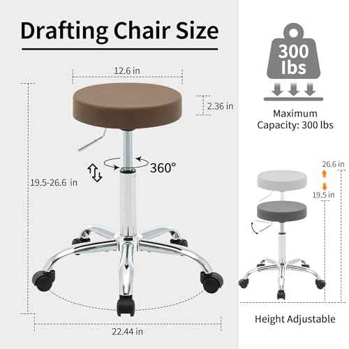 Adjustable Office Stool with Wheels 19.5"-26.6", Brown Thick Cushion Backless Rolling Chair (Coffee Brown)