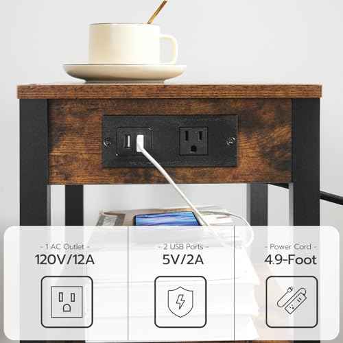 HOOBRO 3-Tier Printer Stand with Charging Station, Under Desk Printer Table, Printer Cart with Storage Shelves, Shelf for Small Spaces, for Home Office, Rustic Brown and Black BF63UPS01