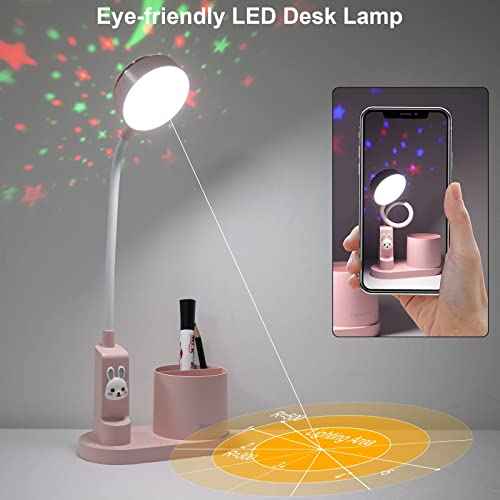 Cute Pink Rabbit Lamp for Kids Reading Study - Star Projector/Pen Holder/3 Brightness/Eye Caring, Rechargeable Led Table Desk Lamp for Home Office Dorm Decor, Ideal Birthday Christmas Gifts