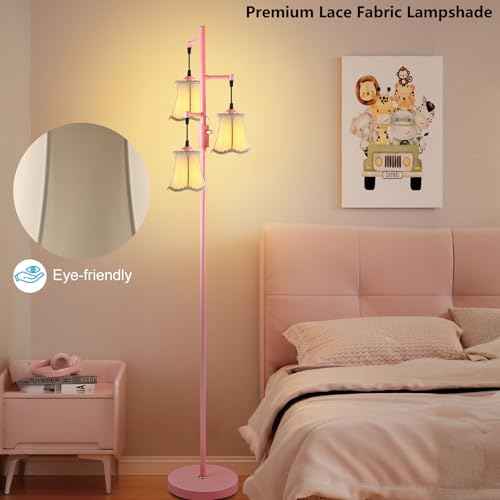 Lightdot 66IN Dimmable Floor Lamp for Living Room, Industrial 3-Light Tree Floor Lamps with LED E26 Bulbs Included, Mid Century Floor Lamp with Fabric Flower Lampshades for Bedroom HOM Office-Pink