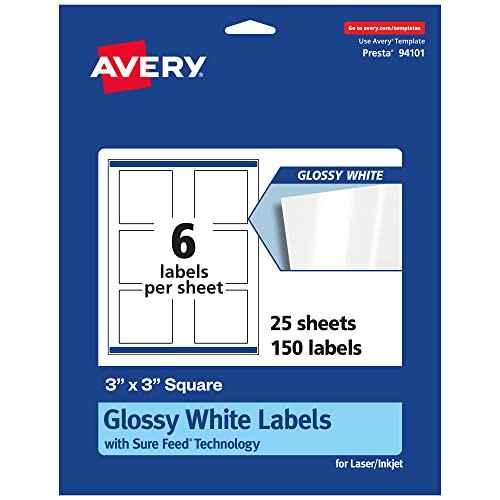 Avery Square Labels, Sure Feed Technology, 3" x 3", 150 Glossy White Labels (36482)