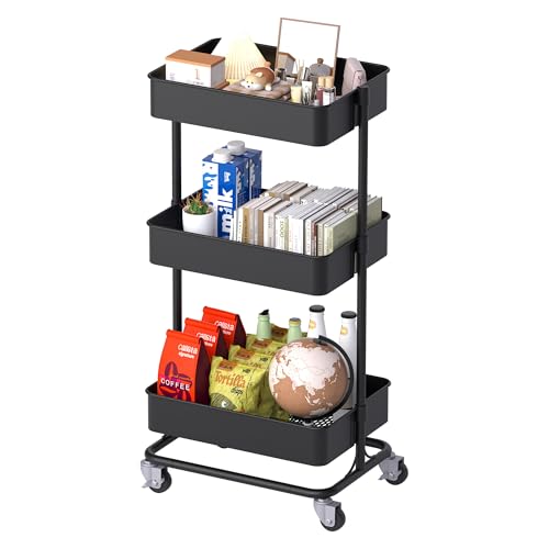 TECBOT 3 Tier Metal Rolling Cart with Wheels, Utility Storage Cart with Handle and Lockable Casters, Storage Basket Organizer Shelves, Easy Assemble for Kitchen, Living Room, Office, Nursery, Black