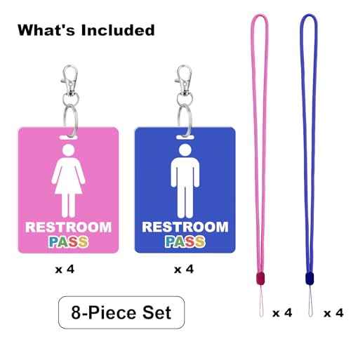 8 Set Bathroom Pass Restroom Hall Pass for Classrooms with Keychain Holder Lanyard Blue and Pink Key Tag for Women Men Restaurant Toilet Office School Classroom