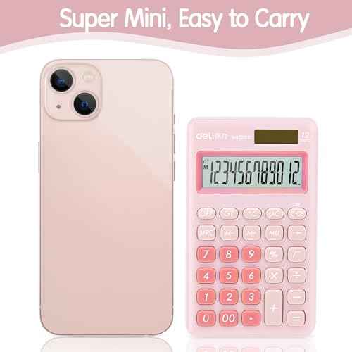 Deli Standard Function Basic Calculator, 12 Digit Desktop Calculator with Large LCD Display, Solar Battery Dual Power Office Calculators, Pink