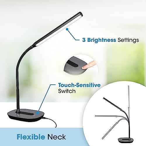 OttLite Strive LED Desk Lamp with USB Charging - ClearSun LED Technology - Adjustable & Flexible Neck, 3 Brightness Settings with Touch Activated Controls - Desk Lamp for Work, Study & Reading