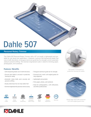 Dahle 507 Personal Rotary Trimmer 12-Inch Cut Length, 7 Sheet Capacity, Self-Sharpening, German Engineered Paper Cutter