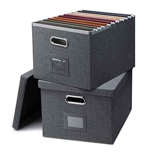 File Organizer, Collapsible Storage Filling Box with Lid for Letter Legal Size Hanging Folders Decorative Linen File Folder Box Document Storage Filing Bin, Dark Gray 2 Pack