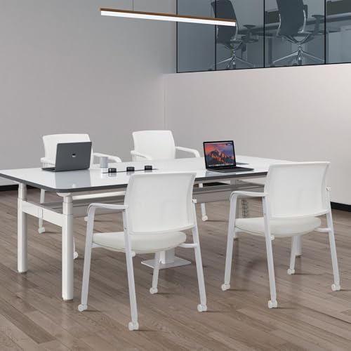 CLATINA 2-Pack White Stacking Office Chairs with Wheels – Mesh Back, Thick Leather Seat & Arms, Ergonomic Lumbar Support