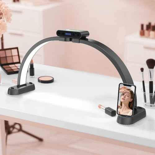 Half Moon Light for Nail Desk, 29" Adjustable Dimmable Nail Desk Lamp with Phone Holder, 3 Color & 10 Brightness Foldable Portable Manicure Lamp for Aesthetic Salon, 01Black
