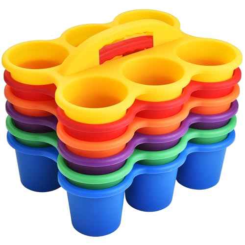 ALINK 6 Pack Classroom Caddy Storage Basket with Handle, Plastic Drink Cup Caddy Holder, 6 Compartments for Kids, Table, Office, Arts, Crafts, Crayon, Marker, Pencil, School Supplies - Assorted Colors