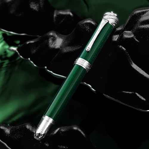 HONG DIAN N25 Piston Fountain Pen, Fine Nib Snake Stereoscopic Carving Design with Metal Case Set (Emerald Green)