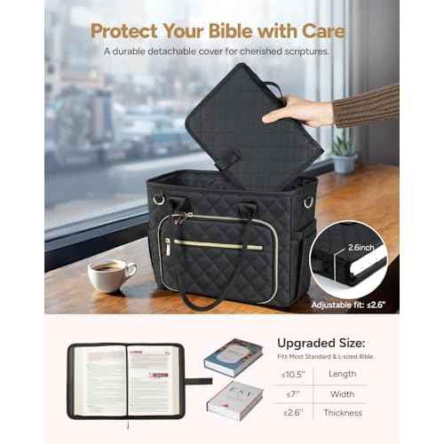 Large Bible Bag with Bible Cover Case for Women, Church Bag with Shoulder Strap, Quilted Bible Cover for Bible Study Supplies, a Christian Gift for Women, Black
