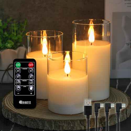Rechargeable Flameless Glass Pillar Candles?Gifts for Women?Set of 3, Realistic Flickering LED Light,Remote & Timer, USB-Rechargeable, Ideal for Living Room, Bedroom & Holiday D?cor