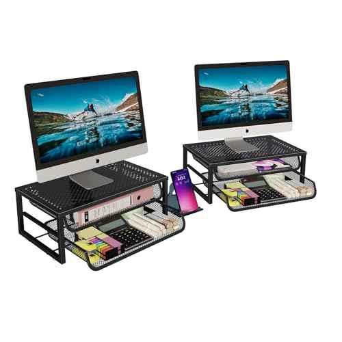 2 Pack Desk Organizer and Accessories, 2-Tier Metal Computer Monitor Stand Riser with Drawer, Desk Accessories & Workspace Organizers for Home Office Supplies, Black