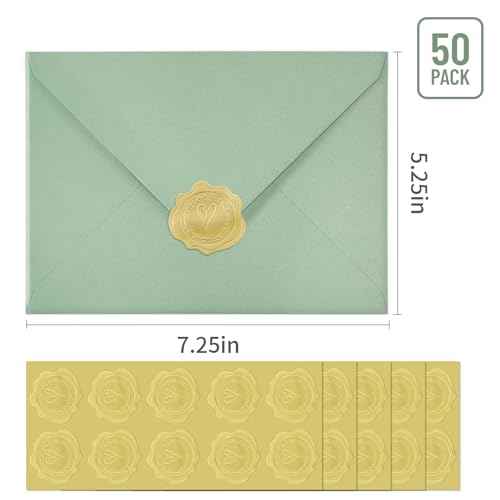 50 PCS Sage Green A7 Envelopes with Stickers, 5x7 Envelopes for Greeting Cards, Great for Invitations, Wedding Invitation, Birthday, Baby Shower, Graduation