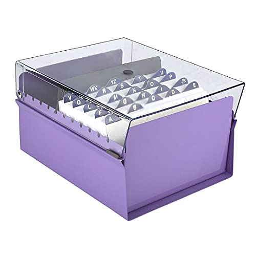 Acrimet 5 X 8 Card File Holder Organizer Box Metal Base Heavy Duty (AZ Index Cards and Divider Included) (Purple Color with Clear Crystal Plastic Lid Cover)