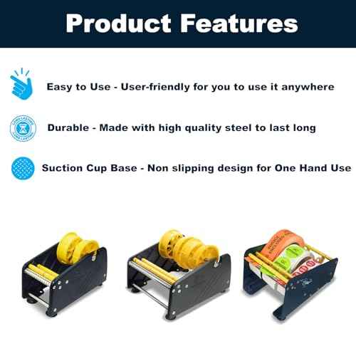 MDJ by Excell Manual Label Sticker Dispenser with 4 Suction Cups Base for Tabletop, Adjustable Holder for Multiple Rolls for Office, Home, School, Warehouse, Easy Peel Off, Fits up to 3" Wide Labels
