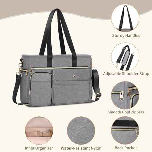 ESTARER Teacher Tote Bag for Women 2Pcs, 15.6'' Laptop Work Bag Computer bag w/Expandable File Folder, Large Water-Resistant Messenger Shoulder bag w/Insulated Pocket for Office/Travel/College, Grey