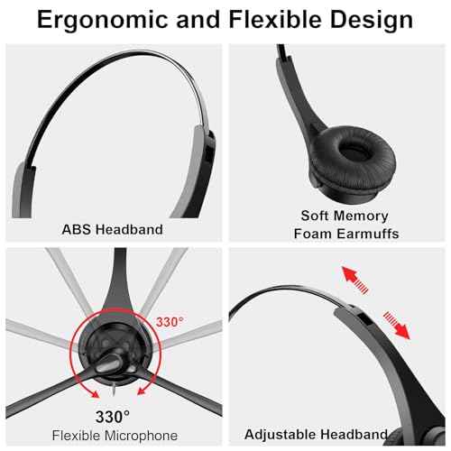 Corded RJ9 Telephone Headset with Noise-Canceling Mic for Cisco Phone Headset, Compatible with Plantronics M10/M12/M22/MX10 Amplifiers and Cisco IP Phone Series 6900/7800/7900/8800/8900/9900