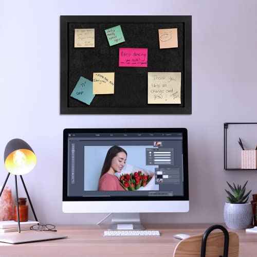 TORASO Cork Board Bulletin Board with Felt,Wood Framed Display Bulletin Board for Walls with Pins, Eye Bolts, gaskets, Screws, Pin Board for Office, School and Home(Black,1pc)