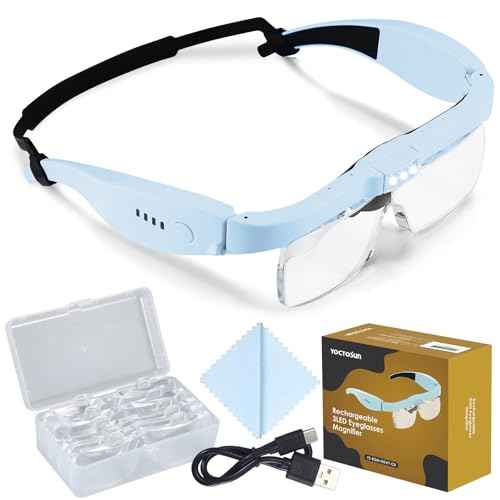 YOCTOSUN Magnifying Glasses with Light, Magnifier Headset with 5 Detachable Lenses 0.75X-4.0X and 3 LED Lights, Rechargeable Hands Free Head Magnifying Glass for Close Work Hobby Crafts Jewelry