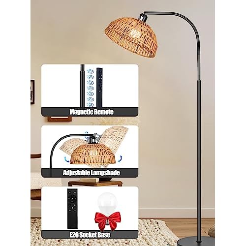 Rattan Floor Lamp- Boho Standing Lamp with Remote Control and Dimmable Bulb, Hand-Worked Adjustable Rattan Shades, Black Farmhouse Tall Lamp, Boho Arc Floor Lamps for Living Room, Bedroom, Office