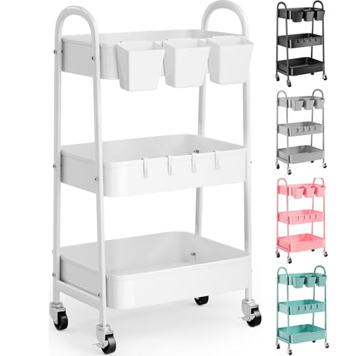 3 Tier Heavy Duty White Metal Rolling Cart with Lockable Wheels, Three Tier Roller Book Snack Cart, Utility Storage Organizer Carts for Kitchen, Bathroom, Garage, Baby Diaper, Craft, Art, Teacher
