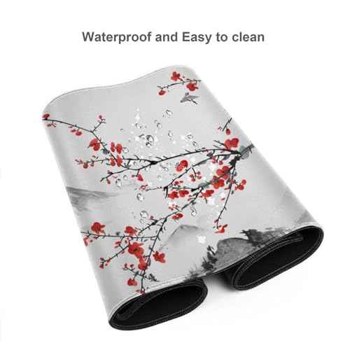 AQQA Extended Gaming Mouse Pad Cherry Blossoms Japanese XXXXL Full Desk Mousepad 48" x 24", Non Slip Desk Mat with Stitched Edge Computer Keyboard Mat for Office