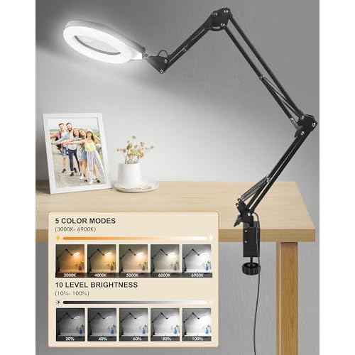 10X & 5X Magnifying Glass with Light, Ultra Long Swing Arm, 5 Colors & 10 Brightness, Real Glass Lens Large Magnifying Lamp for Craft Painting Workbench Jewelry Making Hobby Close Work (White)