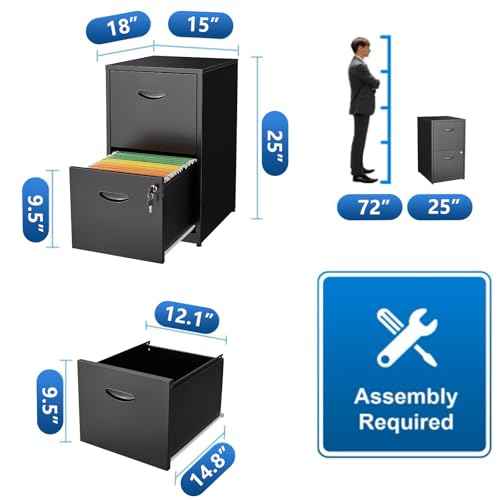 2 Drawer File Cabinet with Lock, Metal File Cabinets for Home Office, Two Drawer Locking Filing Cabinet, Small File Cabinet for Under Desk for Hanging Letter Size, Black, Assembly Required