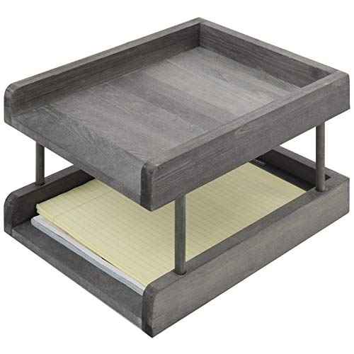 MyGift 2-Tier Rustic Gray Wood Paper File Organizer in and Out Tray/Office Desktop Document Holder Rack