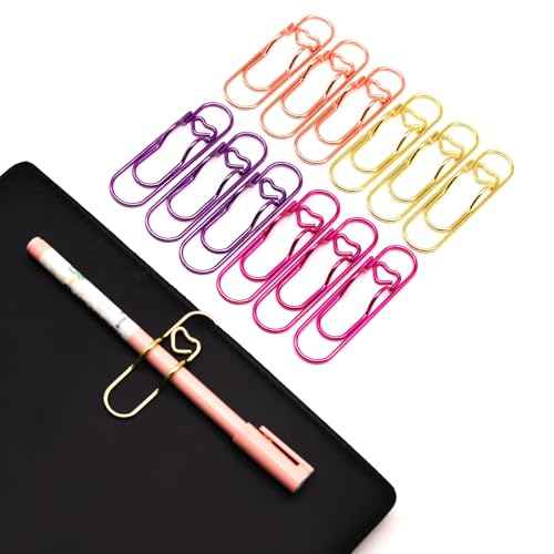 12 Pcs Metal Pen Holder Clips for Notebook, Planner Accessories, 2.8-Inch Jumbo Heart Paper Clips