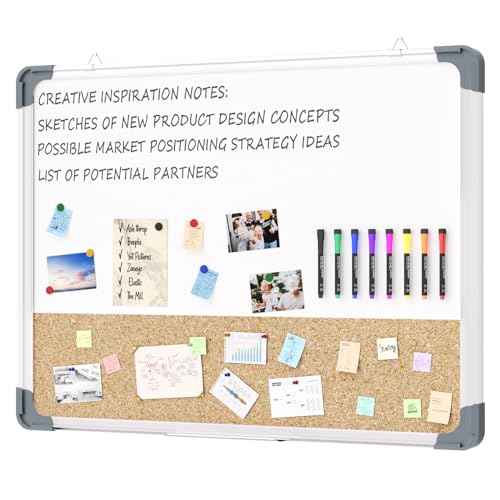 White Board Cork Board Combo, 24¡¿18 inch for Office, Home, School, Vision Board, Pin Bulletin, Markers, Eraser, Magnets, Pins (Horizontal)