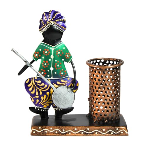Hastvikas Handcrafted Metal Pen Holder with Tribal Musician Figurine | Decorative Desk Organizer for Office, Study Table & Home Décor | Compact Stationery Stand (Green)