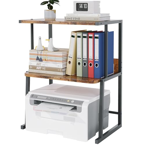 Homeiju Printer Stand for Desk with Storage, 3-Tier Shelves Organizer with Wood Top, Heavy Duty Metal Frame for Home Office, Holds Printer, Books, Supplies, Rustic Brown?