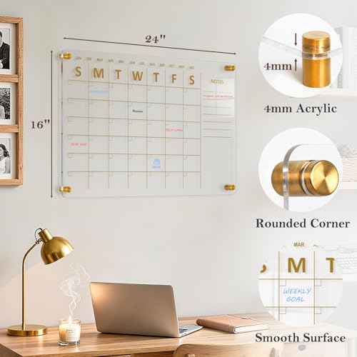 Acrylic Calendar for Wall, 24"x16" Gold Dry Erase Board Weekly Planner Wall Mounted Board, Frameless White Board for Home, Office, School