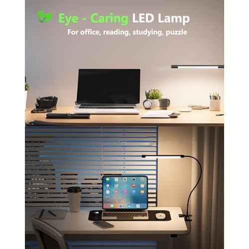 JHD LED Desk Lamp with Clamp - Adjustable 3 Color Modes 10 Brightness Level Table Lamp, USB Eye Caring Flexible Gooseneck Desk Light for Home Office, Dorm Room, Reading, Nail, Clip On Light, Black