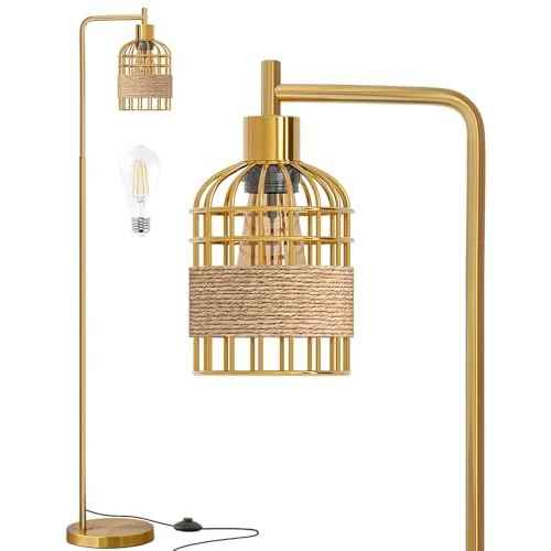 Oneach 66" Gold Floor Lamp for Living Room, Industrial Floor Lamp with LED Buld, Rattan Shade, Foot Switch, Minimalist Farmhouse Tall Standing Lamp for Bedroom, Office, Study Room
