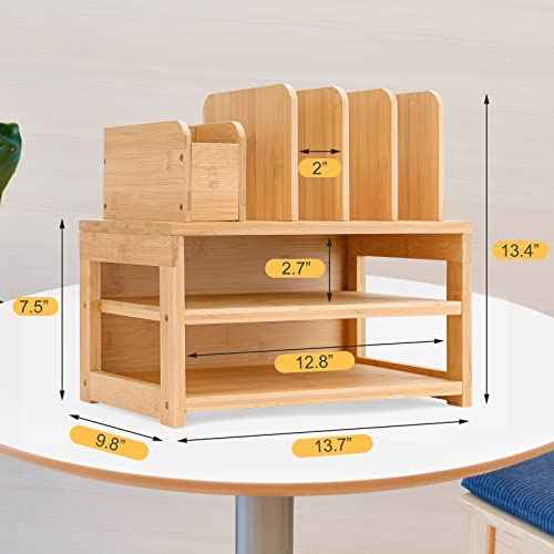 Homde Bamboo Desk Organizer with File Holder, Office Organization for Desks with Adjustable Pen Holding, Desktop Letter Paper Tray Storage for Workplace Home School (3-Tier,Natural)