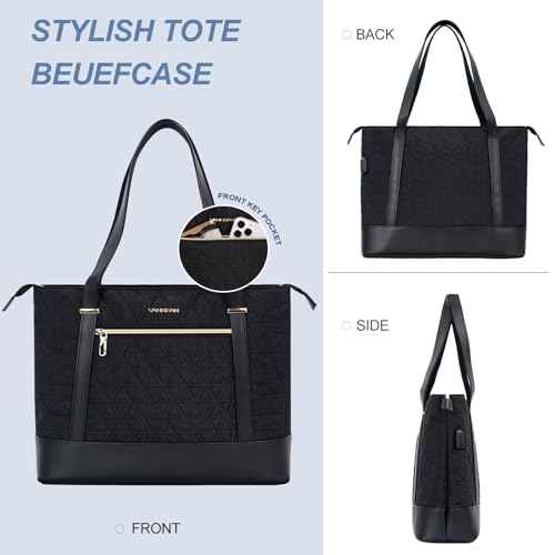 VANKEAN Laptop Bag for Women, 15.6 Inch Work Bag Waterproof Computer Shoulder Bag with USB Port, Large Tote Bag for Work Business Travel, Quilted Black