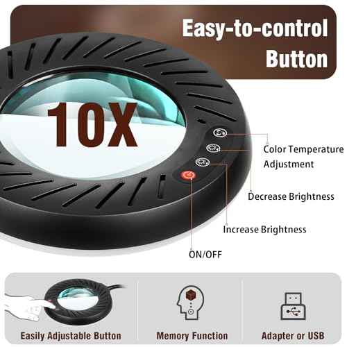 10X Magnifying Glass with Light and Stand, 5 Color Modes Stepless Dimmable LED Desk Lamp, Adjustable Flexible Gooseneck Lighted Magnifier Hands Free for Close Works, Crafts, Hobby, Reading, Painting