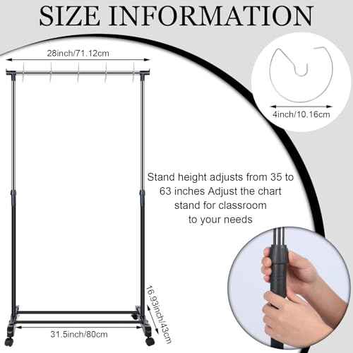 Adjustable Pocket Chart Stand Stainless Steel Expandable Chart Stand with Casters Rolling Anchor Holder with 5 Rings for Classroom Home Educational Tools, Adjustable to 63 Inch(Black)