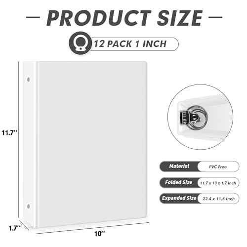 3 Ring Binder 1 Inch, PANDRI 12 Pack 1-Inch Binder Fits Letter Size 8.5'' x 11'' Paper, Versatile Binders for Office Home School, 2 Pockets, White