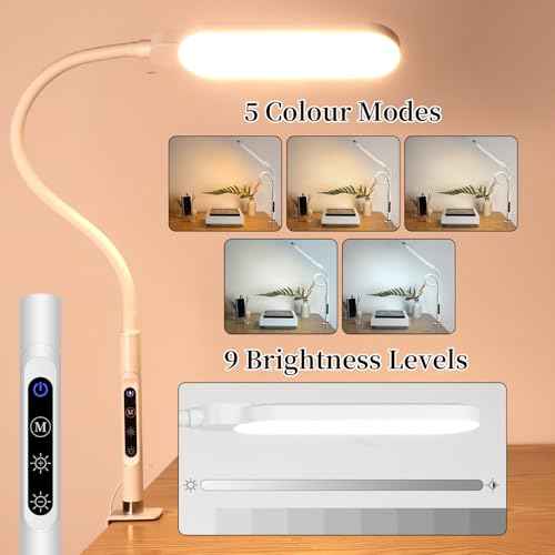 BQAN LED Desk Lamp with Clamp, 15W Eye-Caring Clip on Light, Adjustable Gooseneck Desk Lamps for Home Office with 5 Modes & 9 Brightness Levels for Reading, Studying, Nail Art, and Work (White)